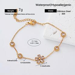Flor 304 Pulseras de eslabones de acero inoxidable con circonitas cúbicas transparentes para mujer, dorado, flor, 6.69 pulgada (17 cm)