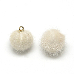 Floral White Faux Mink Fur Covered Charms, with Golden Tone Brass Findings, Round, Floral White, 12~14x10mm, Hole: 1.5mm