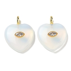 Opalite Opalite Pendants, Heart Charms with Brass Micro Pave Clear Cubic Zirconia Findings, Golden, 31.5~32x25~25.5x9.5~10.5mm, Hole: 4mm