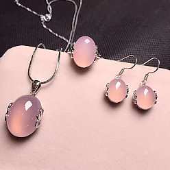 Pink 925 ожерелья, серьги и кольца из стерлингового серебра с микропаве из прозрачных кубических цирконий и натуральным халцедоном, платина, овальные, розовые, 400 мм