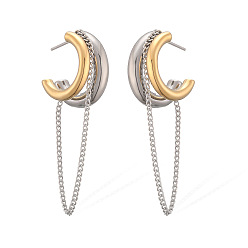 Золотой & Цвет Нержавеющей Стали Двухцветные серьги-гвоздики в форме буквы С из нержавеющей стали с кисточкой, цепочка-оберег, золотые и нержавеющая сталь цвет, 304 мм