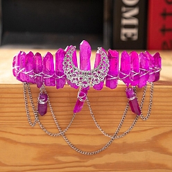 Фуксин Металлические ленты для волос с луной и цепочкой, Обруч для волос в обертке из натуральных кристаллов кварца для женщин и девочек, фуксиново-красные, 150x130 мм