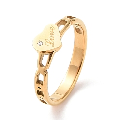 Золотой Сердце из хрусталя и страз с кольцом на палец со словом «любовь», ионное покрытие (ip) 304 ювелирные изделия из нержавеющей стали для женщин, золотые, размер США 7 (17.3 мм)