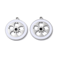 Stainless Steel Color 304 Stainless Steel Pendants, with Enamel, Flat Round with Sakura Charm, Stainless Steel Color, 22x20x1.5mm, Hole: 1.6mm