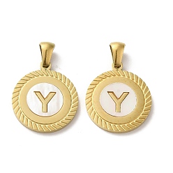 Letter Y Ионное покрытие (ip) 304 подвески из нержавеющей стали, плоские круглые подвески-ракушки с буквой, золотые, Письмо Y, 20.5x17.5x1.5 мм, отверстие : 2.5x4.5 мм