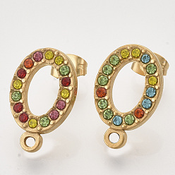 Разноцветный 304 Выводы серьги из нержавеющей стали шпилька, со стразами, петля и ушные гайки / серьги спины, овальные, золотые, красочный, 18.5x11.5x2 мм, отверстие : 1.5 мм, штифты : 0.8 мм