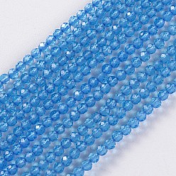 Deep Sky Blue Glass Beads Strands, Faceted, Round, Deep Sky Blue, 2x2mm, Hole: 0.4mm, about 193~197pcs/strand, 14.17 inch~15.51 inch(36~39.4cm)