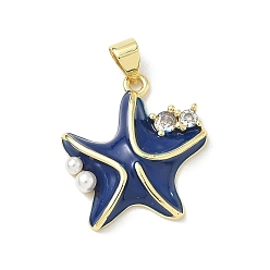 Полуночно-синий Латунные микро проложить кубического циркония подвески, морская звезда, Эмаль стиле, с абс пластмассовыми жемчужными бисером, реальный 18 k позолоченный, темно-синий, 21.5x20x4 мм, отверстие : 5x3.5 мм