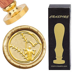 Baseball Набор сургучной печати, золотистый тон сургучной печати цельная латунная головка, с деревянной ручкой в стиле ретро, для конвертов приглашений, подарочная карта, бейсбол, 83x22 мм, штампы: 30x14.5 мм