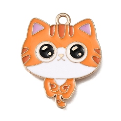 Coral Alloy Enamel Pendants, Cat Shape Charms, Light Gold, Coral, 27x22x1mm, Hole: 2mm
