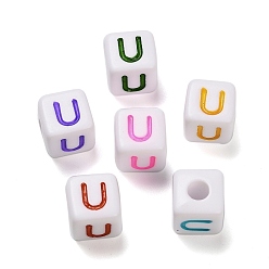 Letter U Непрозрачные акриловые бусины, Эмаль стиле, куб с письмом, Буква U, 10x9.5x9 мм, отверстие : 3.8 мм, Около 560 шт / 500 г