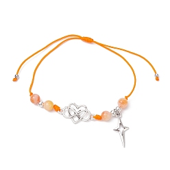 Orange Natural Dyed White Jade Braided Bead Bracelets, Adjustable Heart Alloy Link Bracelets for Women, Orange, Inner Diameter: 3/4~3-3/8 inch(8.5cm)