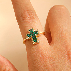 Зеленый Регулируемые латунные манжеты с кубическим цирконием и паве для женщин, крестик, золотые, зелёные, 17 мм