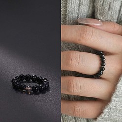 (946F)Морозный цвет внутри  Жонкиль / Непрозрачная зеленая подкладка Эластичные кольца из натурального черного агата, круглые, бусины : 4 мм, внутренний диаметр: регулируемый