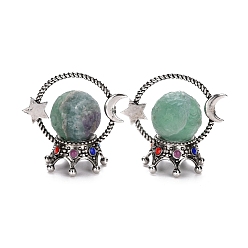 Флюорит Украшения для витрины из натуральной флюоритовой сферы, с пьедесталом из легированной эмали, звезды с луной, античное серебро, 79x82x50 мм