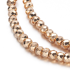 Гальванический Розовый Золотой Гальванизировать немагнитных синтетический гематит бисер пряди, граненые, рондель, розовое золото, 4x3 мм, отверстие : 1 мм, около 128 шт / нитка, 15.7 дюйм