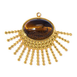 Plaqué 18K Or Véritable 304 pendentifs en acier inoxydable avec œil de tigre naturel, charme soleil, placage ionique (ip), plaqué longue durée, réel 18 k plaqué or, 42x34mm