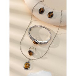 Тигровый глаз Овальный сплав с натуральным тигровым глазом, ожерелья, серьги-подвески, кольца-манжеты и браслеты, античное серебро, 400 мм