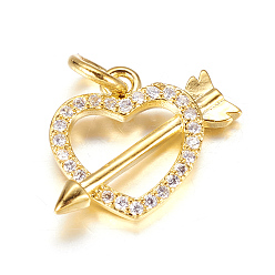 Золотой Латунные микро проложить кубического циркония прелести, сердце со стрелой, золотые, 12.5x15x2.5 мм, отверстие : 3 мм