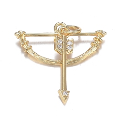 Настоящее золото 18K Кулоны из латуни с прозрачным фианитом, долговечный, лук и стрелы, реальный 18 k позолоченный, лук: 10x20x2.5 мм, стрелка: 17.5x4x1.5 мм, отверстие: 3.5 мм
