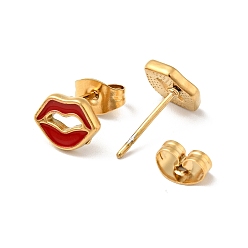 Mixed Color Enamel Lip Stud Earrings with 316 Surgical Stainless Steel Pins, Gold Plated 304 Stainless Steel Jewelry for Women, Mixed Color, 7x8.5mm, Pin: 0.8mm
