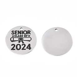 Нержавеющая Сталь Цвет Не тускнеющие 201 подвески из нержавеющей стали, плоский круглый со словом «старший класс» 2024, цвет нержавеющей стали, 30x1.5 мм, отверстие : 2 мм