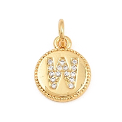 Letter W Breloques en laiton zircon cubique transparent, rond plat avec breloques en forme de lettre, plaqué longue durée, sans plomb et sans cadmium, crémaillère plaquage, réel 18 k plaqué or, lettre w, 12.5x10x1.5mm, Trou: 3mm