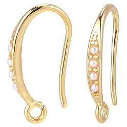 Настоящее золото 18K 20 шт латунные серьги крючки, долговечный, без никеля , с ABS имитации жемчуга, реальный 18 k позолоченный, 17x10x2.5 мм, отверстие : 1.4 мм