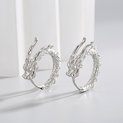 Серебро Латунные серьги-кольца с драконом, серебряные, 18.6x16 мм