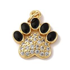 Черный Подвески из латуни с микропаве из прозрачных кубических цирконий и эмали, печать кошачьей лапы, с целью перехода в кольце, без кадмия и без свинца, стойки покрытие, долговечный, реальный 18 k позолоченный, чёрные, 16x14x2 мм, отверстие : 3.5 мм