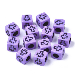 Лиловый Акриловые бусины, Куб с крестом, сирень, 6x6x6 мм, Отверстие : 3 мм , около 30000 шт / 5000 г