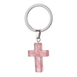Вишневый Кварц Брелки из синтетического вишневого кварцевого стекла, с 304 кольцами для ключей из нержавеющей стали, крестик, 5.6 см, крест: 37.5x18x5.5 мм