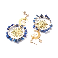 Lapis Lazuli Vintage Natural Lapis Lazuli Ear Studs, with 304 Stainless Steel Findings, Ring with Moon, 68.5x40mm