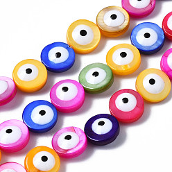 Mixed Color Natural Freshwater Shell Beads Strands, with Enamel, Dyed, Flat Round with Evil Eye, Mixed Color, 8x3~4mm, Hole: 0.8mm, about 48~49pcs/strand, 15.35 inch(39cm)