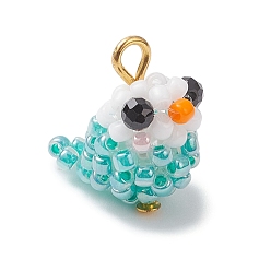 Небесно-голубой Подвески-птицы из стеклянных бусин, с бусинами из натуральной черной шпинели, стеклянным жемчугом и золотистой железной петлей, голубой, 16x10.5x13.5 мм, отверстие : 2.5 мм