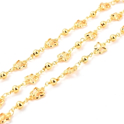 Linen Handmade Brass Link Chains, with Round Beads, Long-Lasting Plated, Soldered, with Spool, Butterfly with Glass, Golden, Linen, Link: 10.5x7x2mm, 3.5x4mm