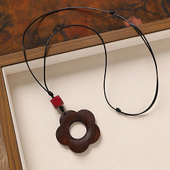 Цветок Деревянная подвеска, черный вощеный шнур, длинные цепочки для женщин, цветок, 31.50 дюйм (80 см), Кулон : 75x50 мм