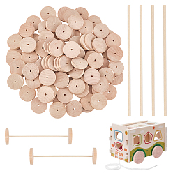 пшеница Наборы из 100шт. колес и палочек из необработанного дерева схима, поделки из дерева, цвет пшеницы, палка: 50 см, колесо: 15x0.4см, отверстие : 3.8x0.6 мм