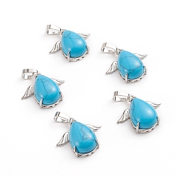 Синтетическая Бирюза Синтетические бирюзовые подвески, с латунными кабошонами, окрашенные, слеза, с крылом, глубокое синее небо, 23~23.5x25x8~9 мм, отверстие : 8x5 мм