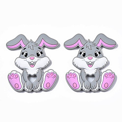 Silver Food Grade Eco-Friendly Silicone Focal Beads, Rabbit, Silver, 90x72x9mm, Hole: 10.5x13mm