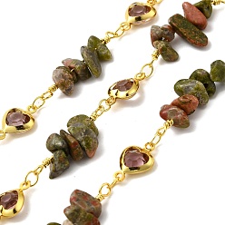 Унакит Латунные соединительные цепи ручной работы, с унакитом и стеклянными бусинами и катушкой, долговечный, пайки, без свинца и без кадмия, сердце, золотые, сердце ссылки: 12.5x7.5x3мм