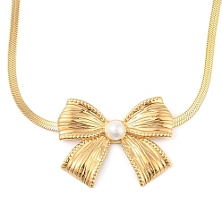 Настоящее золото 18K 304 ожерелья с подвеской в виде банта из нержавеющей стали с плоскими цепочками-змейками и жемчугом, реальный 18 k позолоченный, 15.79 дюйм (40.1 см)