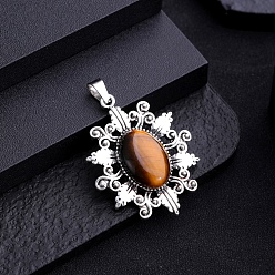 Тигровый глаз Природных тигровый глаз подвески, овальные, неокрашенными, платина, 43x32 мм