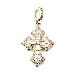 Белый Латунные эмалированные европейские подвески с подвесками, подвески с большим отверстием в форме креста из прозрачного кубического циркония, реальный 18 k позолоченный, стойки покрытие, долговечный, без свинца и без кадмия, белые, 30x21.5x3.5 мм, отверстие : 5.5x3.5 мм