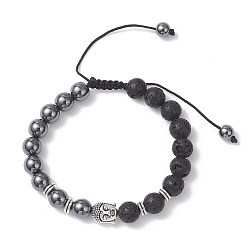 Human Браслеты из плетеных бусин из немагнитного синтетического гематита и натуральной лавы, Бисерные украшения из сплава в тибетском стиле для унисекс, Будда, бусина : 8~9 mm, внутренний диаметр: 2~3-1/4 дюйм (5~8.1 см), голова будды: 10.5x8.5x8мм