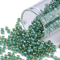 (953) Inside Color Jonquil/Turquoise Lined Toho runde Rocailles, japanische Rocailles, (953) Innenfarbe jonquil / türkis gefüttert, 8/0, 3 mm, Bohrung: 1 mm, über 222pcs / Flasche, 10 g / Flasche