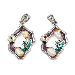 Темная Орхидея Латунь эмаль подвески, с натуральной жемчужиной, реальный 18 k позолоченный, самородки с цветочным шармом, темные орхидеи, 21x15x5 мм, отверстие : 5x3 мм