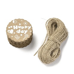 Слово Крафт-бумага подарочные бирки, бирки, с джутовым шпагатом, плоский круглый с кружевом, слово, 4.5x0.05 см, отверстие : 5 мм, 50 шт
