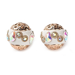 Белый Ручная полимерная глиняная индонезия бисер, круглые, с сердечником из сплава, смолой и стразами, золотой свет, белые, 16~17 мм, отверстие : 1.9 мм