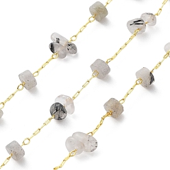 Real 18K Gold Plated Natural Mixed Stone Chips & Disc Beaded Chains, with Brass Findings, Soldered, with Spool, Real 18K Gold Plated, 4x2mm, 4~9x3~4mm, about 32.81 Feet(10m)/Roll